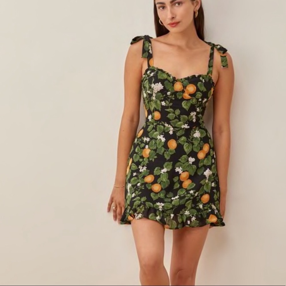 Reformation Black Mini Dress with Orange & Green Floral Print
